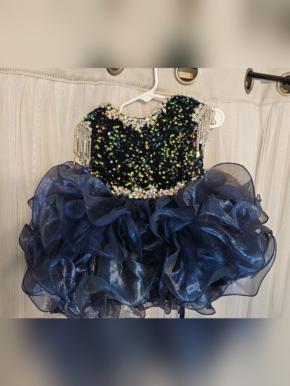 Sugar Kayne Infant 6m Navy Blue Sequin Pageant Dress with Beaded Shoulders